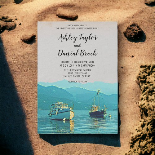 Vintage boats navy seascape destination wedding invitation