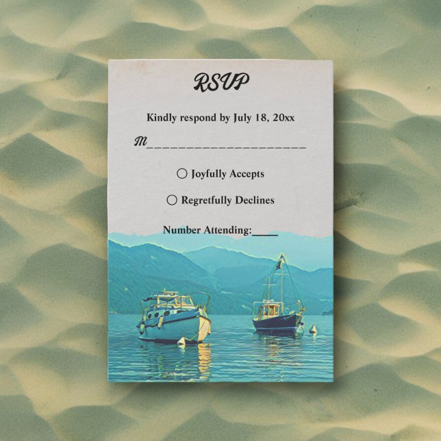 Vintage boats navy seascape destination wedding RSVP card (Creator Uploaded)