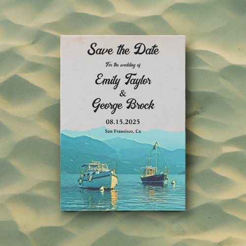 Vintage boats navy seascape destination wedding save the date