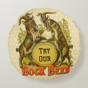 Vintage Bock Beer Poster: Antique Goat Saloon Bar Round Pillow