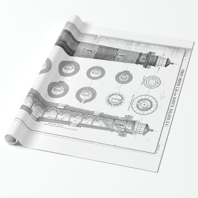 Vintage Bodie Island Lighthouse Diagram Wrapping Paper (Unrolled)