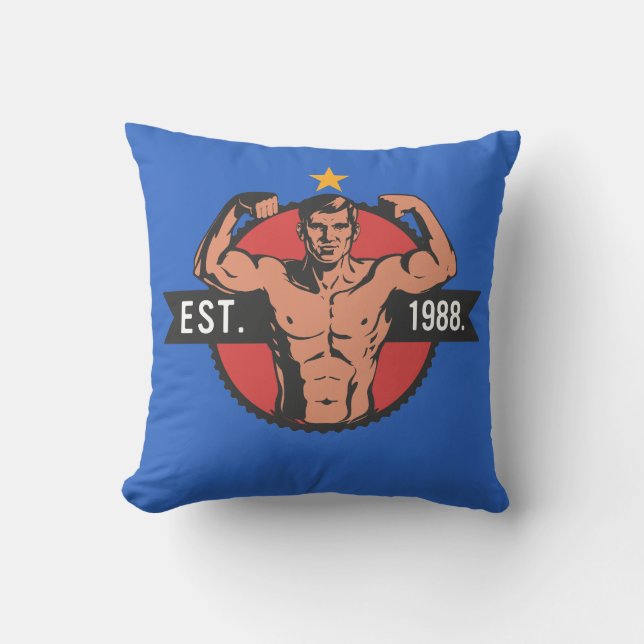 Vintage Bodybuilder EST 1988 Throw Pillow (Front)