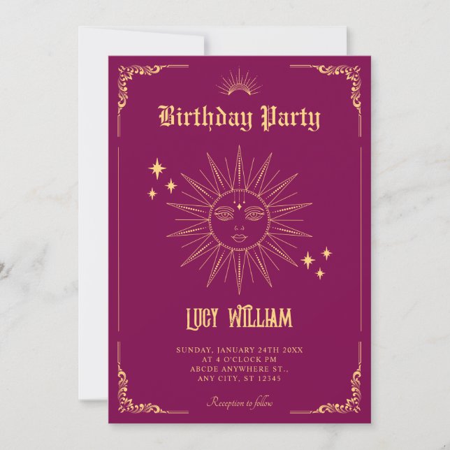 Vintage Bohemian art mystical sun birthday Invitation (Front)