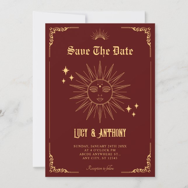 Vintage Bohemian art mystical sun  Save The Date (Front)