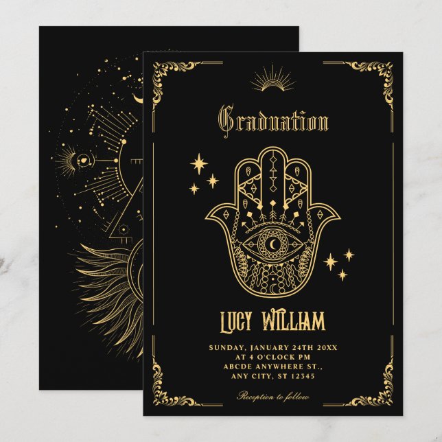 Vintage Bohemian art symbols graduation Invitation (Front/Back)