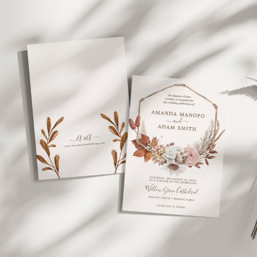 Vintage Bohemian Autumn Romance Watercolor Wedding Invitation