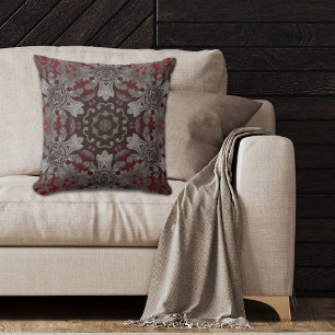 vintage bohemian burgundy red grey black pattern throw pillow