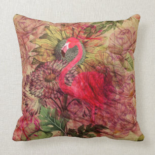 Vintage bohemian floral tropical pink flamingo throw pillow
