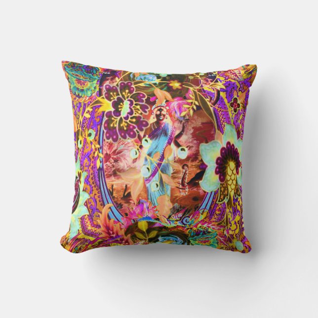 Vintage Bohemian Goddess Neon Throw Pillow (Front)