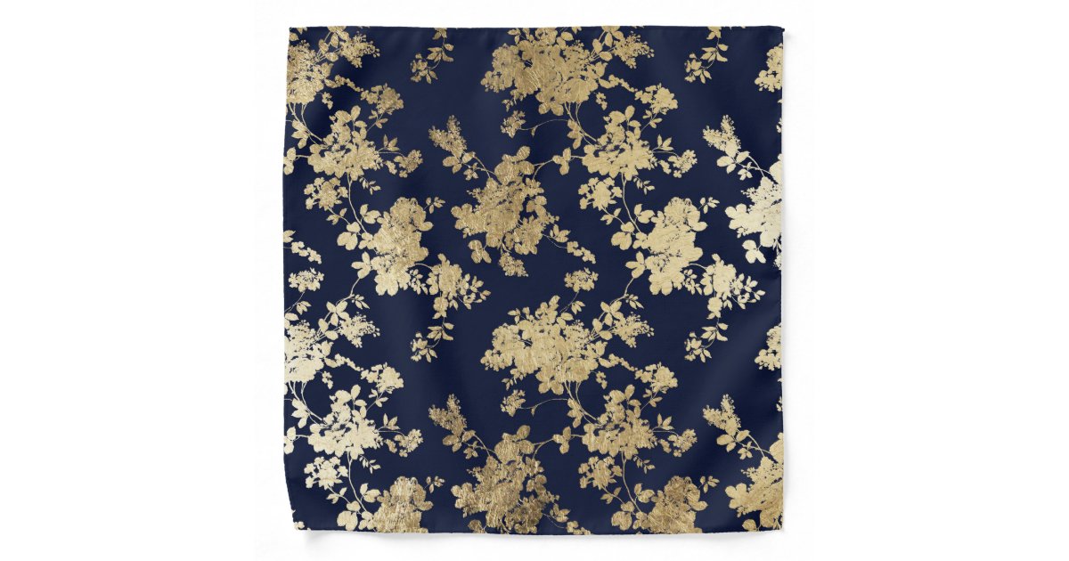 Vintage bohemian navy blue faux gold chic floral bandana | Zazzle