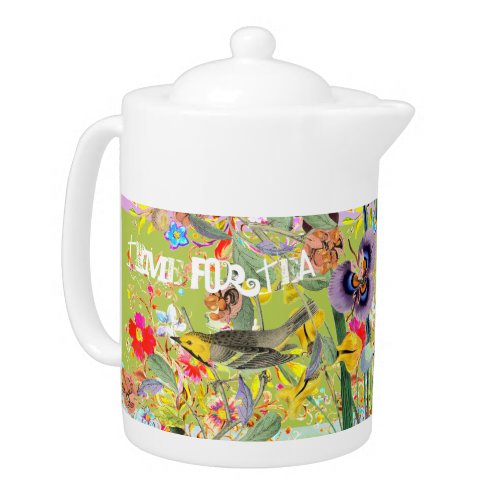 Vintage Bohemian Songbirds Spring Green Teapot