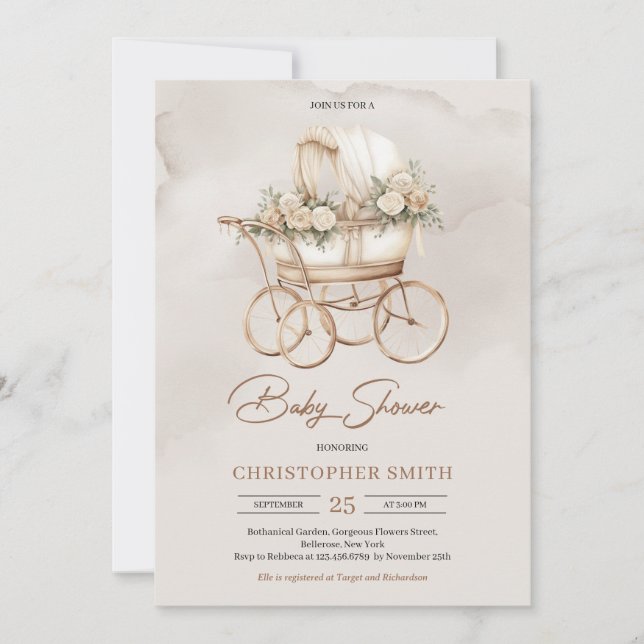 Vintage boho baby carriage neutral sage floral invitation (Front)