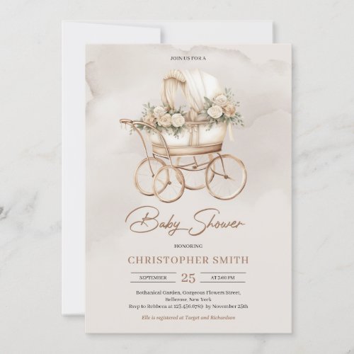 Vintage boho baby carriage neutral sage floral invitation