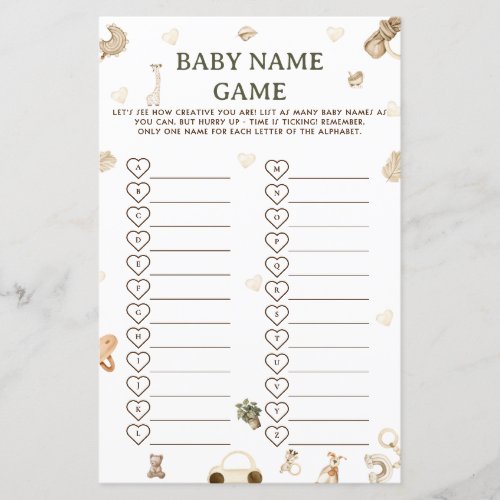 Vintage Boho Baby Shower Baby Name Race Game 