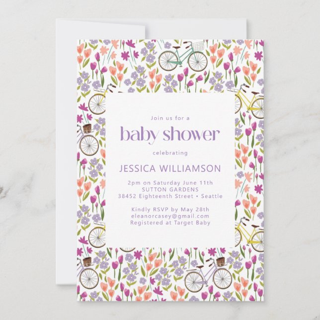 Vintage Boho Bicycle Floral Baby Shower Invitation (Front)