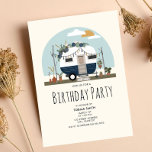 Vintage Boho Blue Camper Birthday Party Invitation<br><div class="desc">Illustration of a 70s inspired vintage blue and white camper decorated with tassels,  balloons,  botanical greenery,  macrame,  cactus,  pampas,  and potted plants.</div>
