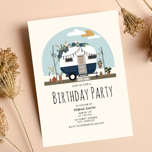 Vintage Boho Blue Camper Birthday Party Invitation