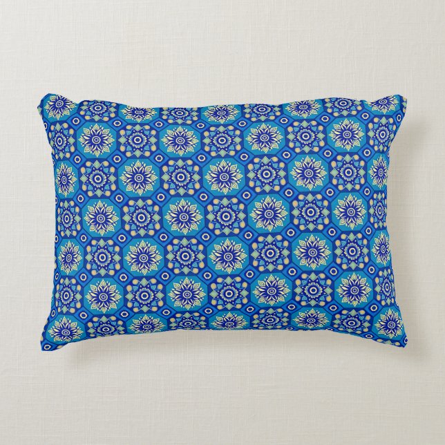 Vintage Boho Blue Floral Pattern Accent Pillow (Front)