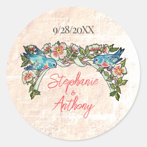 Vintage Boho Blush Pink Floral Bird Wedding Favor Classic Round Sticker