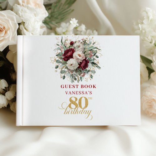 Vintage Boho Burgundy 80th Birthday Guest Book