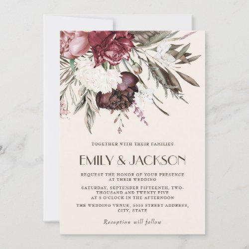 Vintage Boho Burgundy Pink Floral Greenery Wedding Invitation