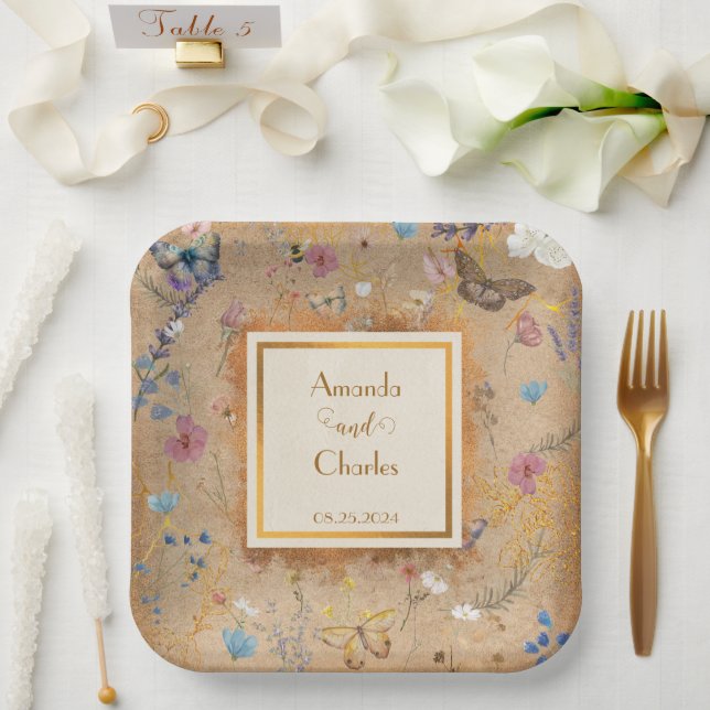 Vintage Boho Butterfly Garden Wedding Paper Plates (Wedding)