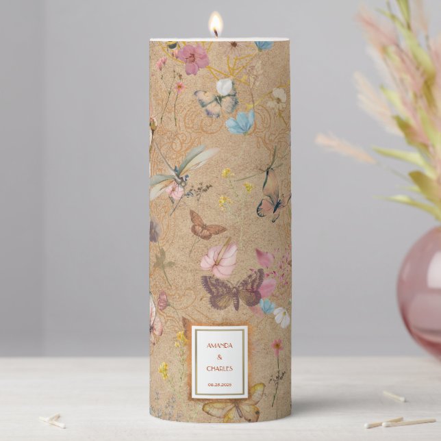 Vintage Boho Butterfly Garden Wedding Pillar Candle (In Situ)