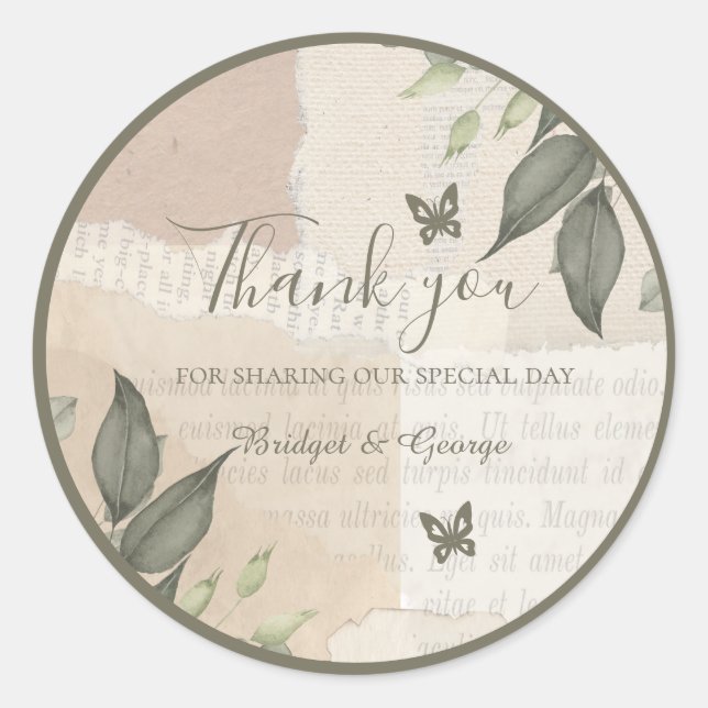 vintage boho chic greenery wedding classic round sticker (Front)