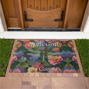 Vintage boho chic pastel floral garden dragonfly  doormat