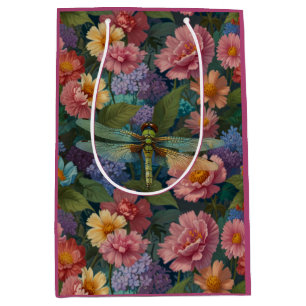 Vintage boho chic pastel floral garden dragonfly medium gift bag