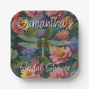 Vintage boho chic pastel floral garden dragonfly paper plates