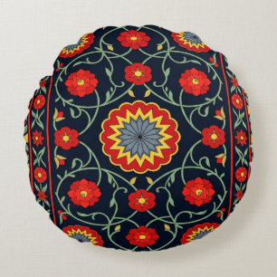 Vintage Boho Crimson Folk Art Floral Rug Round Pillow