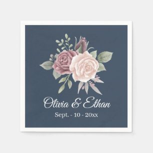 Vintage Boho Dusty Rose Floral Navy Wedding Napkins