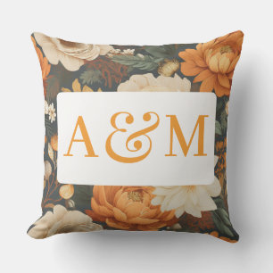 Vintage Boho Floral Pattern with Dual Monogram Outdoor Pillow