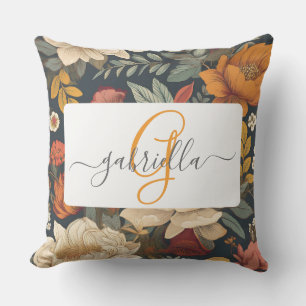 Vintage Boho Floral Pattern with Name & Monogram Outdoor Pillow