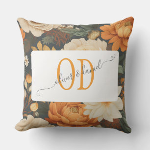 Vintage Boho Floral Pattern with Names & Monogram Outdoor Pillow