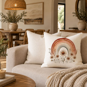 Vintage Boho Floral Rainbow Ivory Brown Throw Pill Pillow