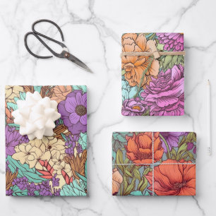 Vintage Boho Floral Wedding Birthday Wrapping Paper Sheets