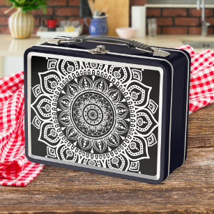 Vintage Boho Floral White Mandala Pattern  Metal Lunch Box