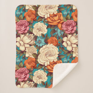 Vintage Boho Florals, Turquoise Cream Botanicals Sherpa Blanket