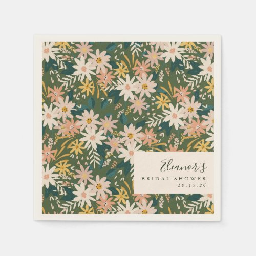 Vintage Boho Flowers Green Custom Bridal Shower  Napkins