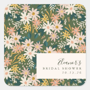 Vintage Boho Flowers Green Custom Bridal Shower Square Sticker