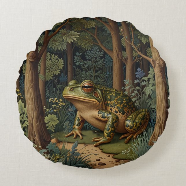 Vintage boho frog woodland forest round pillow (Front)