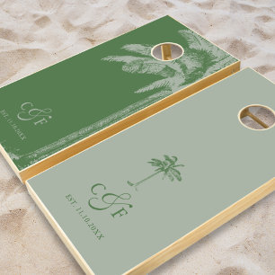 Vintage Boho Green Palm Tree Tropical Wedding Cornhole Set