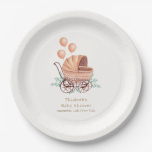 Vintage Boho Greenery Stroller Balloon Baby Shower Paper Plates