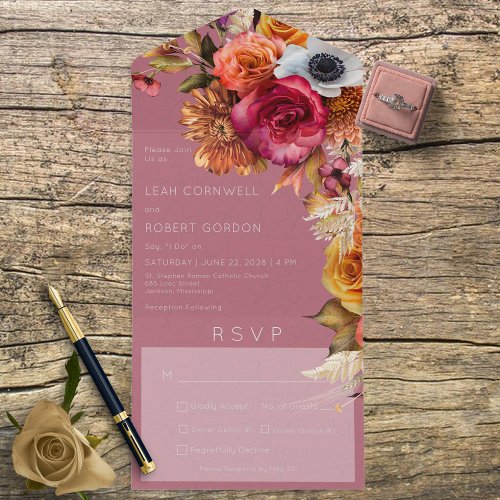 Vintage Boho Jewel  Pink Floral Dinner All In One Invitation