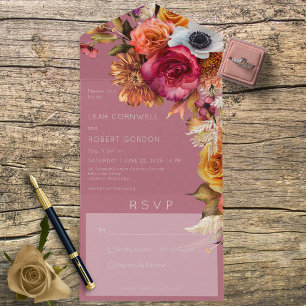 Vintage Boho Jewel & Pink Floral No Dinner All In One Invitation