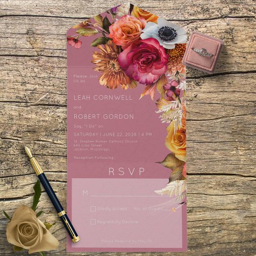 Vintage Boho Jewel  Pink Floral No Dinner All In One Invitation