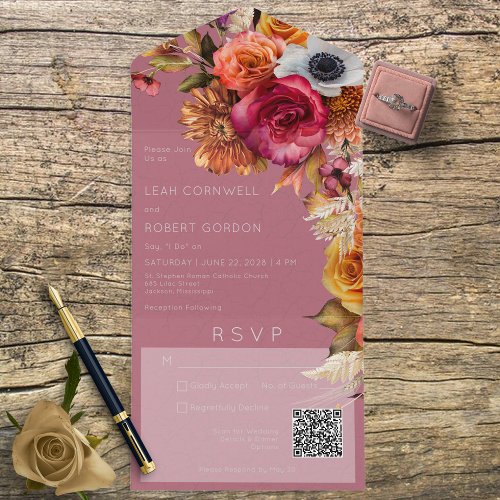 Vintage Boho Jewel  Pink Floral QR Code All In One Invitation
