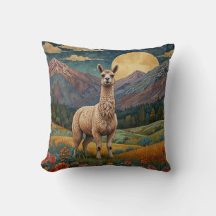 Vintage boho llama alpaca vintage landscape  throw pillow